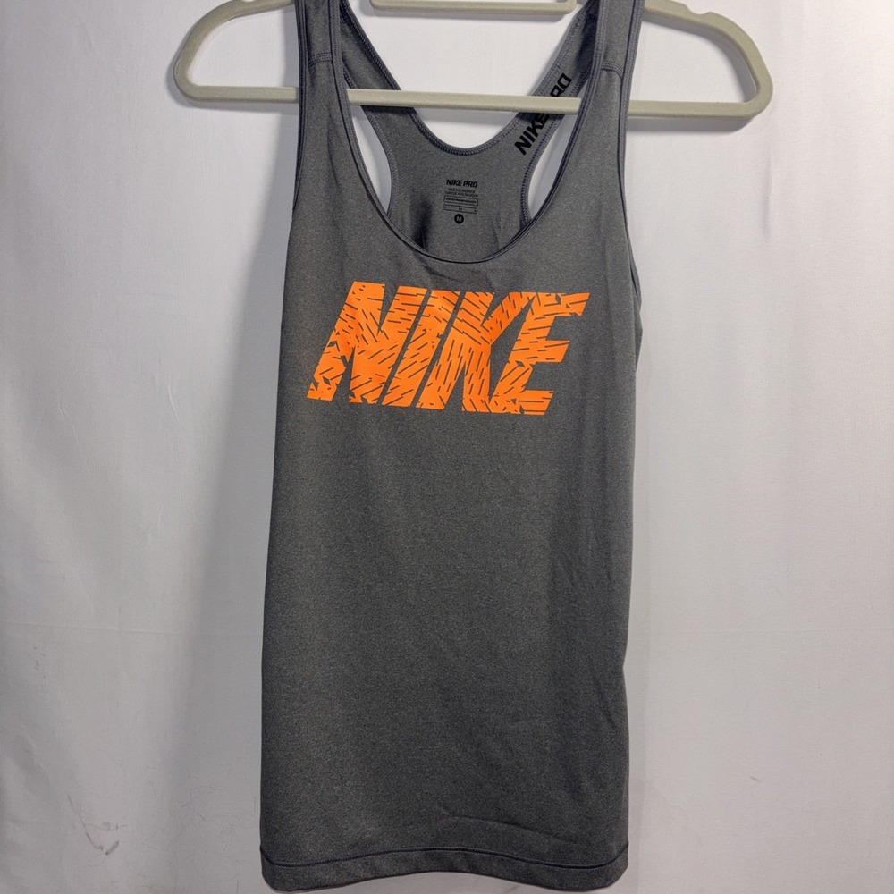 Nike Pro Womens M Gray Tank Top Activewear Dri Fit Racerback Orange Spellout